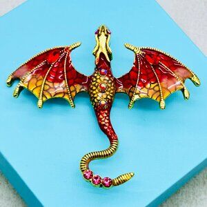 Brand New Red Flying Dragon Brooch Rhinestone Flying Dragon Pin